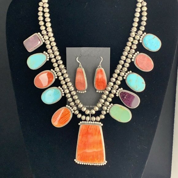 Native Navajo Sq. Blossom Sterling Silver Necklace - Picture 4 of 12